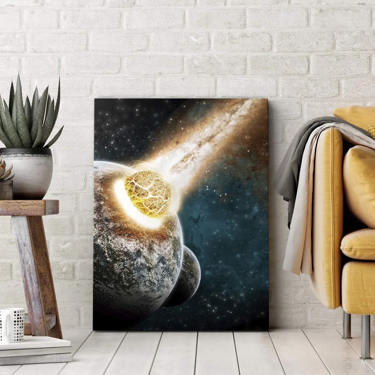 Impression sur toile - Image sur toile - Collision cosmique d'une planète avec un astéroïde à proximité de la galaxie. - 70x100cm - Destruction ou naissance? - Décoration murale moderne pour le salon et la chambre ARTTOR