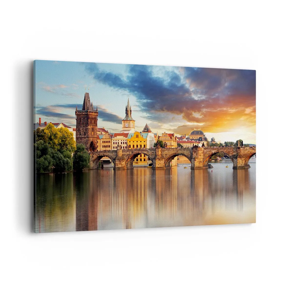 Impression sur toile - Image sur toile - Le pont historique sur la rivière à la lumière du soleil couchant - 120x80cm - Belle depuis des lustres - Décoration murale moderne pour le salon et la chambre ARTTOR