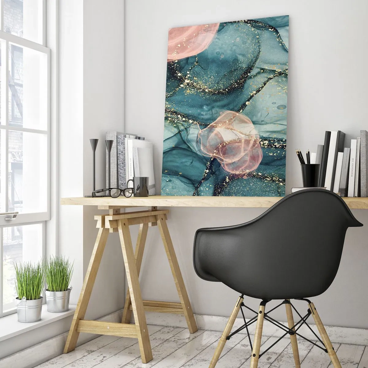 Impression sur verre - Image sur verre - Une composition abstraite dans des tons turquoise et or. - 70x100cm - Soie bleu, tulle rose - Décoration murale moderne pour le salon et la chambre ARTTOR