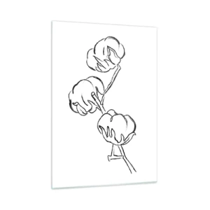 Impression sur verre - Image sur verre - Un croquis minimaliste d'une branche de coton en lignes noires. - 50x70cm - Duvet de coton - Décoration murale moderne pour le salon et la chambre ARTTOR