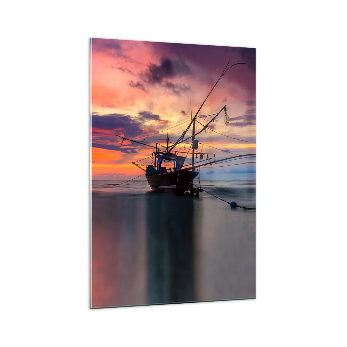 Impression sur verre - Image sur verre - Un bateau de pêche sur fond de coucher de soleil coloré - 70x100cm - Soirée exotique - Décoration murale moderne pour le salon et la chambre ARTTOR