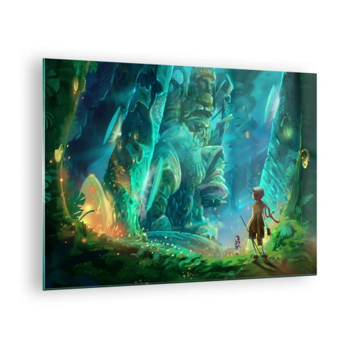 Impression sur verre - Image sur verre - Paysage fantastique avec une figure et une statue antique dans la forêt - 70x50cm - Du grand livre des contes de fées - Décoration murale moderne pour le salon et la chambre ARTTOR