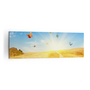 Impression sur toile - Image sur toile - Un champ doré, un chemin et des papillons contre un ciel bleu - 160x50cm - Et comment ne pas aimer l'été ? - Décoration murale moderne pour le salon et la chambre ARTTOR