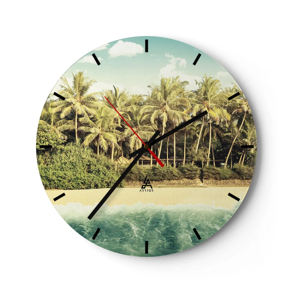 Horloge murale - Pendule murale - Une plage avec des palmiers et une mer turquoise en arrière-plan - 30x30cm - Peut-être ici? - Décoration murale moderne pour le salon, la cuisine et la chambre ARTTOR