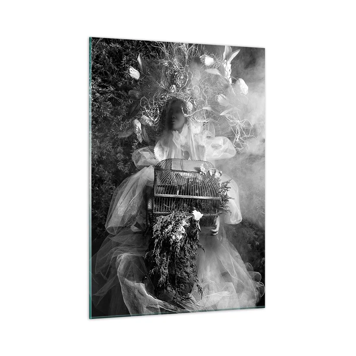 Impression sur verre - Image sur verre - Femme en robe cage en tulle et couronne de plantes en noir et blanc - 50x70cm - Tout simplement Mère Nature - Décoration murale moderne pour le salon et la chambre ARTTOR