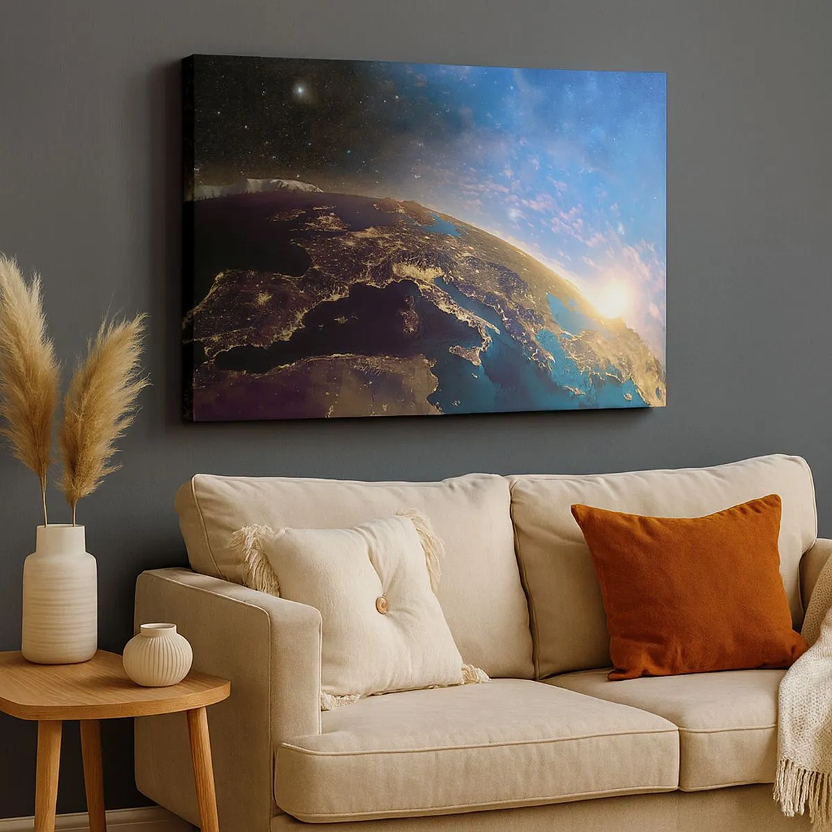 Impression sur toile - Image sur toile - Vue de la Terre depuis l'espace au lever du soleil - 70x50cm - Regardons-nous de loin - Décoration murale moderne pour le salon et la chambre ARTTOR