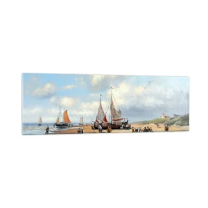Impression sur verre - Image sur verre - Bateaux de pêche sur la plage avec des figures humaines - 160x50cm - Après une capture réussie - Décoration murale moderne pour le salon et la chambre ARTTOR