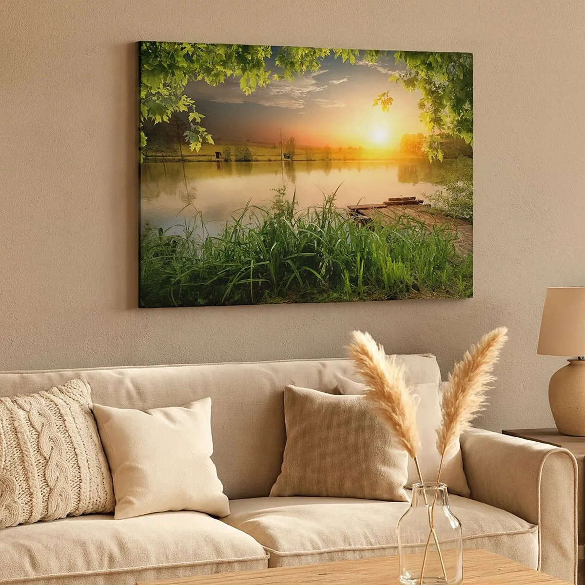 Impression sur toile - Image sur toile - Paysage verdoyant avec un lac au coucher du soleil - 70x50cm - Paysage dans un cadre verdoyant - Décoration murale moderne pour le salon et la chambre ARTTOR