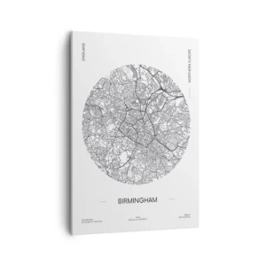 Impression sur toile - Image sur toile - Une carte minimaliste en noir et blanc de Birmingham avec des détails précis. - 50x70cm - Anatomie de Birmingham - Décoration murale moderne pour le salon et la chambre ARTTOR