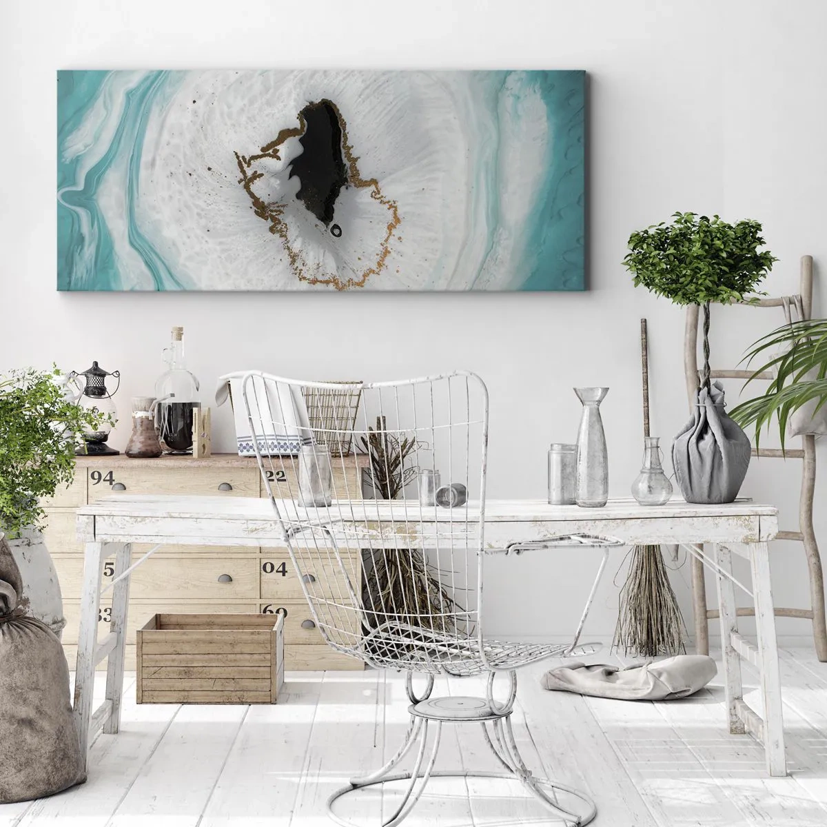 Impression sur toile - Image sur toile - Motif de géode abstrait dans des tons de turquoise, blanc et or - 160x50cm - Pénétrer à l'intérieur - Décoration murale moderne pour le salon et la chambre ARTTOR