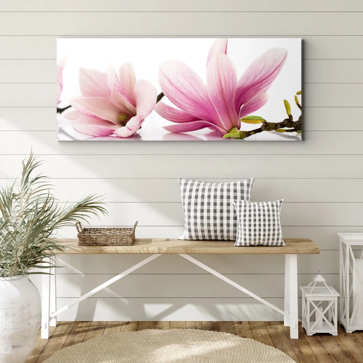 Impression sur toile - Image sur toile - Magnolias roses délicats sur fond blanc - 160x50cm - Délicat comme une brise de printemps - Décoration murale moderne pour le salon et la chambre ARTTOR