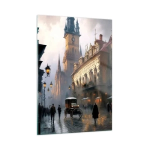 Impression sur verre - Image sur verre - Une rue historique éclairée par des lanternes au crépuscule - 50x70cm - Le charme d'une soirée pragoise - Décoration murale moderne pour le salon et la chambre ARTTOR