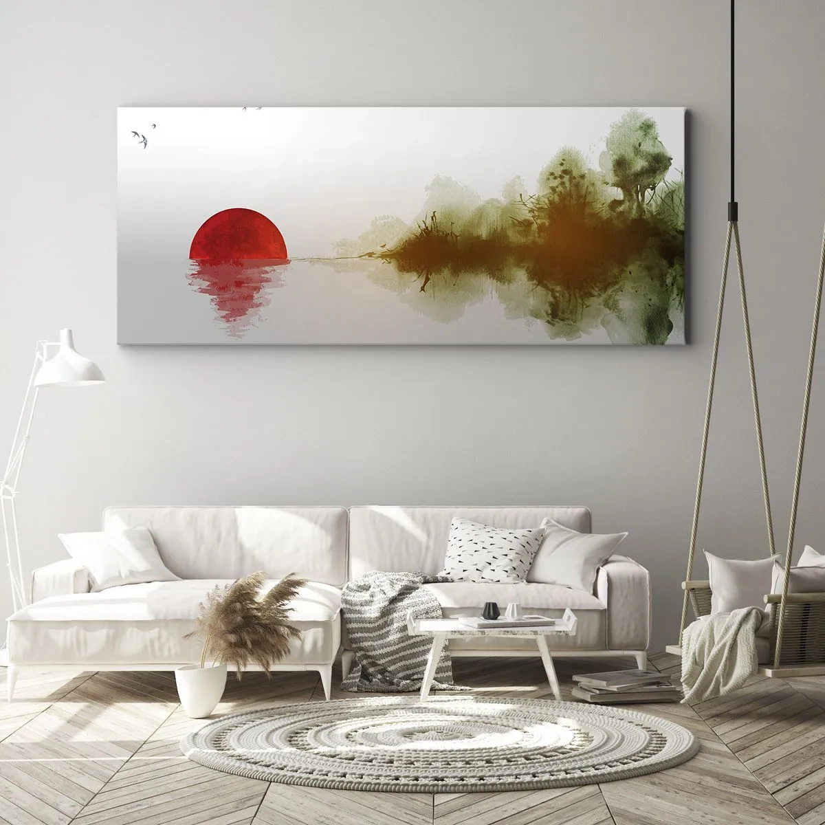 Impression sur toile - Image sur toile - Coucher de soleil abstrait sur un lac avec reflet - 120x50cm - Une promesse de paix - Décoration murale moderne pour le salon et la chambre ARTTOR