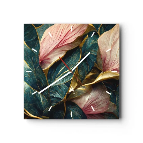 Horloge murale - Pendule murale - Feuilles élégantes en vert, or et rose - 30x30cm - Élégance et style naturels - Décoration murale moderne pour le salon et la chambre ARTTOR