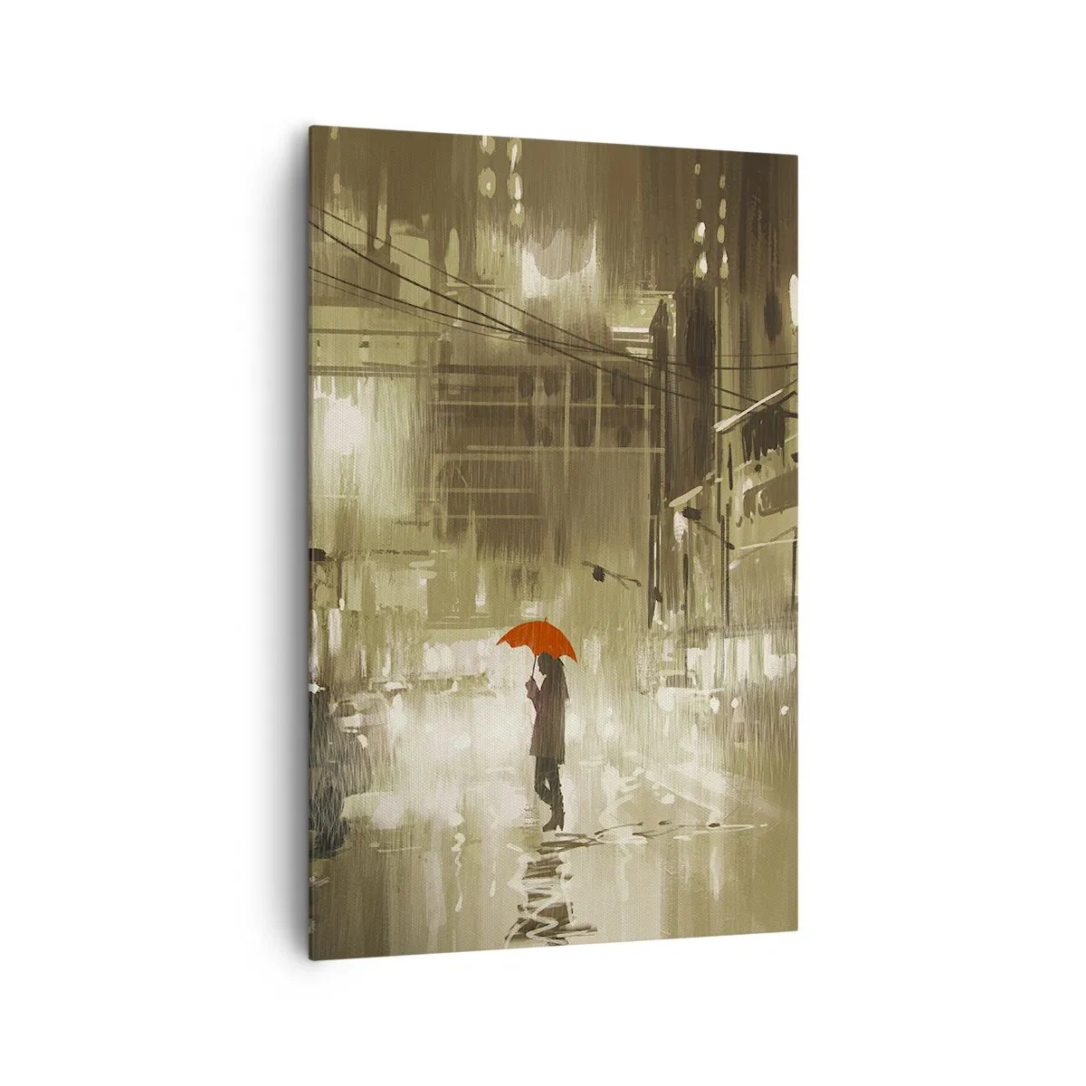 Impression sur toile - Image sur toile - Une silhouette avec un parapluie rouge dans une ville pluvieuse - 80x120cm - Seule mais pas solitaire - Décoration murale moderne pour le salon et la chambre ARTTOR