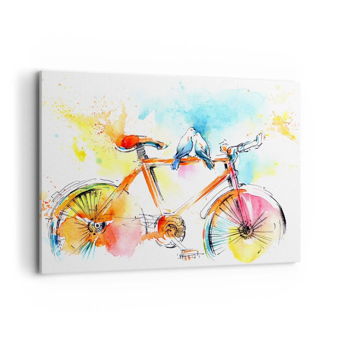 Impression sur toile - Image sur toile - Aquarelle colorée d'un vélo avec des oiseaux assis dessus - 100x70cm - À deux en vélo - Décoration murale moderne pour le salon et la chambre ARTTOR