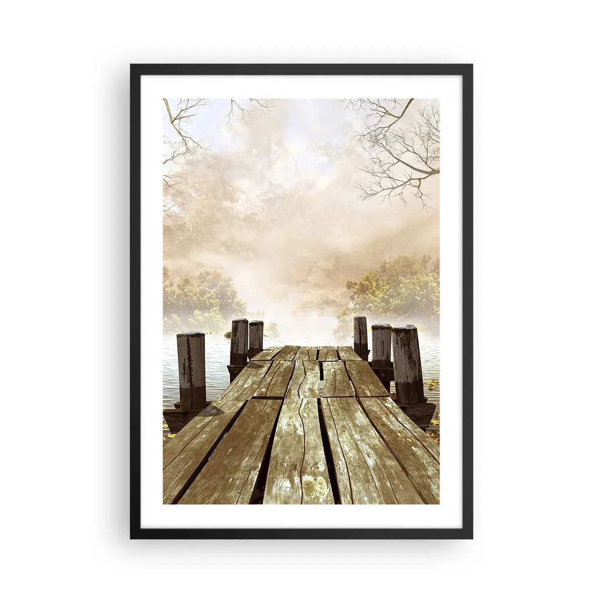 Affiche dans un cadre noir - Poster - Une vieille jetée en bois sur un lac dans un décor brumeux - 50x70cm - La douce tristesse de l'automne - Décoration murale moderne pour le salon et la chambre ARTTOR