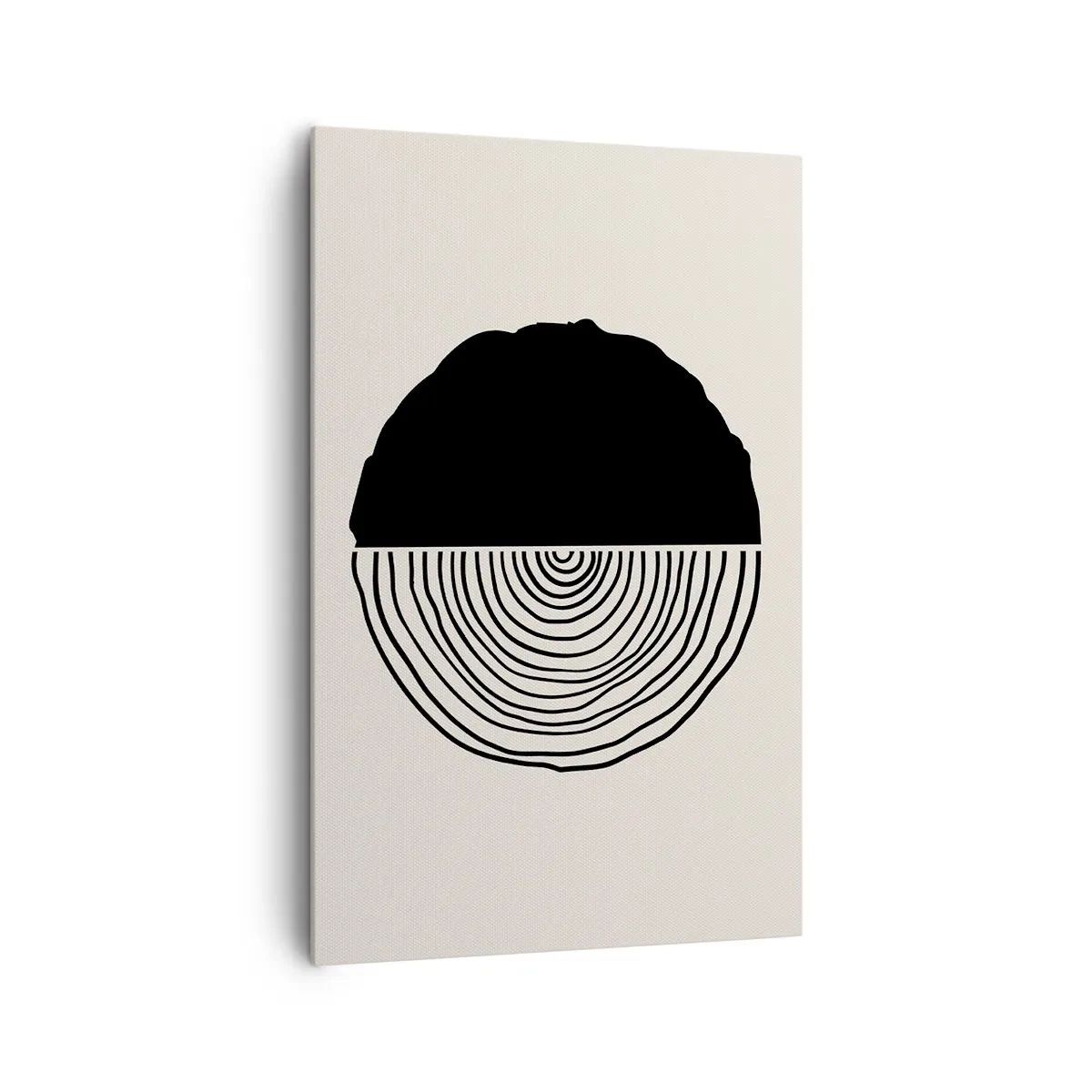 Impression sur toile - Image sur toile - Un motif abstrait en noir et blanc inspiré d'une coupe transversale de bois avec une division géométrique. - 80x120cm - Moitié-moitié - Décoration murale moderne pour le salon et la chambre ARTTOR