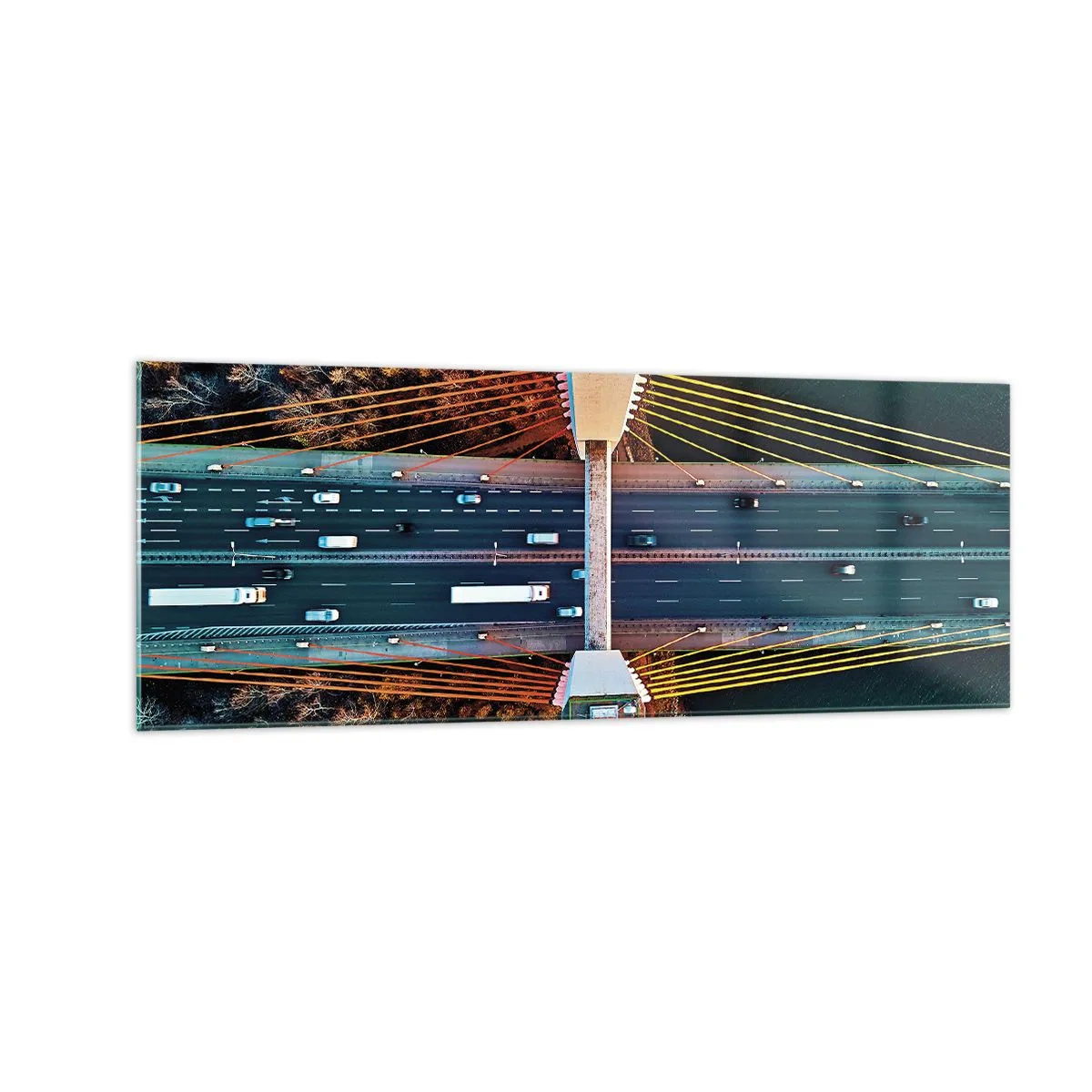 Impression sur verre - Image sur verre - Vue aérienne du pont sur la rivière et du paysage d'automne - 140x50cm - Au dessus de l'eau et de la forêt - Décoration murale moderne pour le salon et la chambre ARTTOR