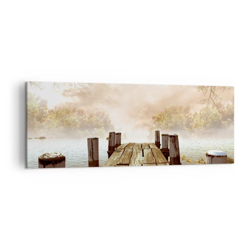 Impression sur toile - Image sur toile - Une jetée en bois menant à un lac calme dans la brume matinale - 140x50cm - La douce tristesse de l'automne - Décoration murale moderne pour le salon et la chambre ARTTOR