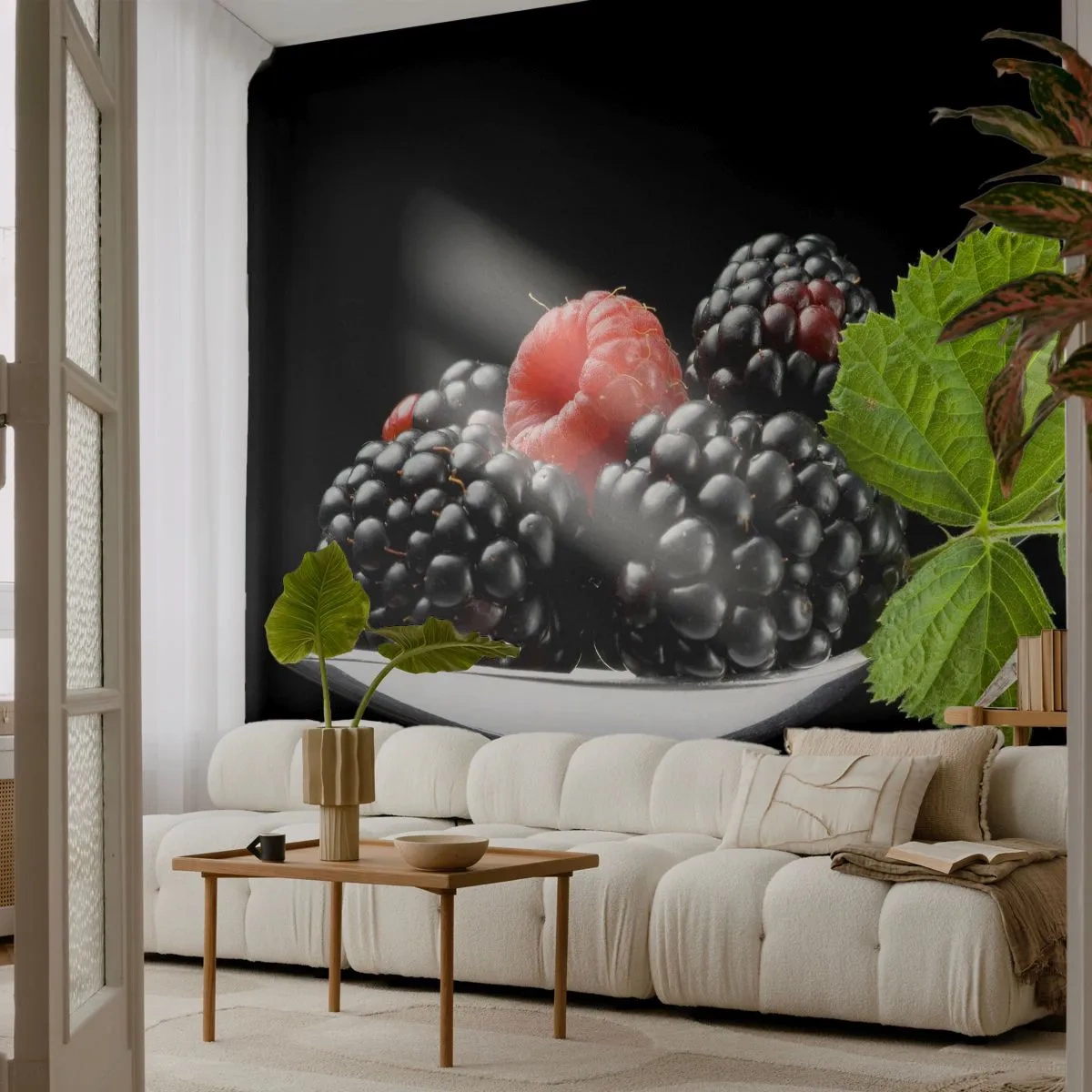 Papier Peint Photo Premium Sand - Mûres et framboises sur une cuillère en argent avec une feuille verte - 100x70cm - Le goût de la fraîcheur - Décoration murale moderne pour le salon et la chambre ARTTOR