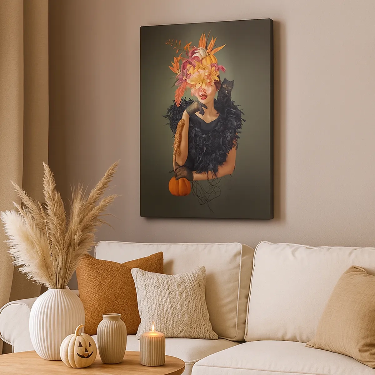 Impression sur toile - Image sur toile - Portrait d'une femme aux motifs d'automne et un chat - 50x70cm - Sort de sorcière - Décoration murale moderne pour le salon et la chambre ARTTOR
