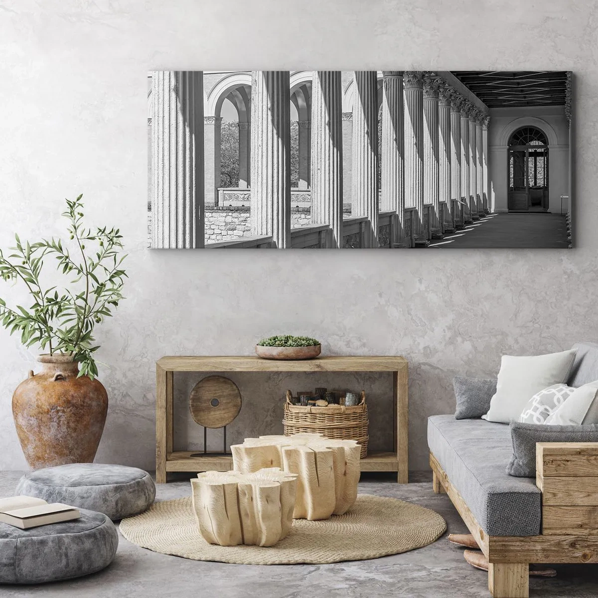Impression sur toile - Image sur toile - Colonnade de style classique en noir et blanc - 160x50cm - Arcade ensoleillée - Décoration murale moderne pour le salon et la chambre ARTTOR