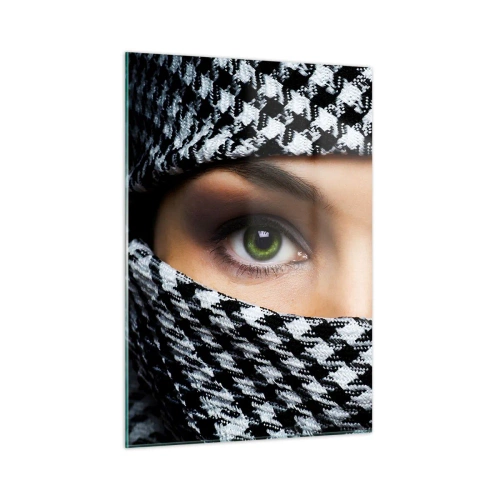 Impression sur verre - Image sur verre - Yeux verts entourés d'un motif noir et blanc - 50x70cm - Un portrait d'une beauté voilée aux yeux verts - Décoration murale moderne pour le salon et la chambre ARTTOR