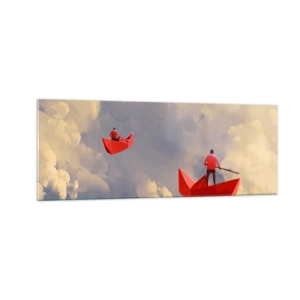 Impression sur verre - Image sur verre - Bateaux en papier rouges flottant dans les nuages - 140x50cm - Expédition des Rêveurs - Décoration murale moderne pour le salon et la chambre ARTTOR