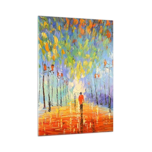 Impression sur verre - Image sur verre - Un parc coloré avec une allée et des lanternes dans un style pictural - 50x70cm - Chant nocturne de la pluie - Décoration murale moderne pour le salon et la chambre ARTTOR