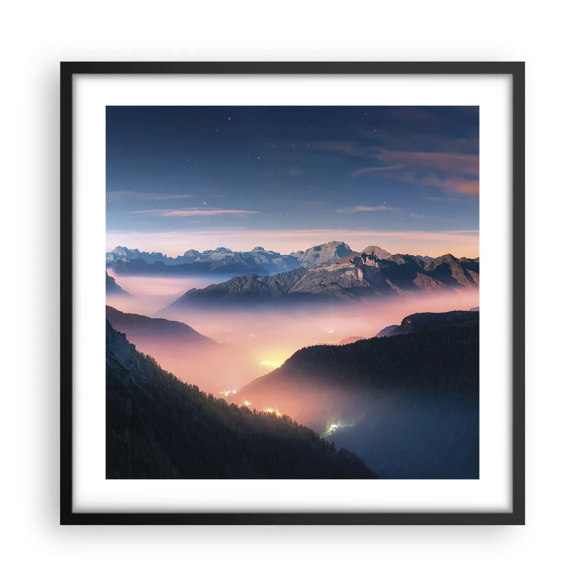 Affiche dans un cadre noir - Poster - Lumière dans les vallées - 50x50 cm