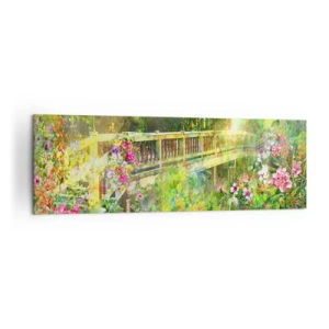 Impression sur toile - Image sur toile - Un pont entouré d'une végétation luxuriante et de fleurs - 160x50cm - Le soupire d'un pont de printemps - Décoration murale moderne pour le salon et la chambre ARTTOR