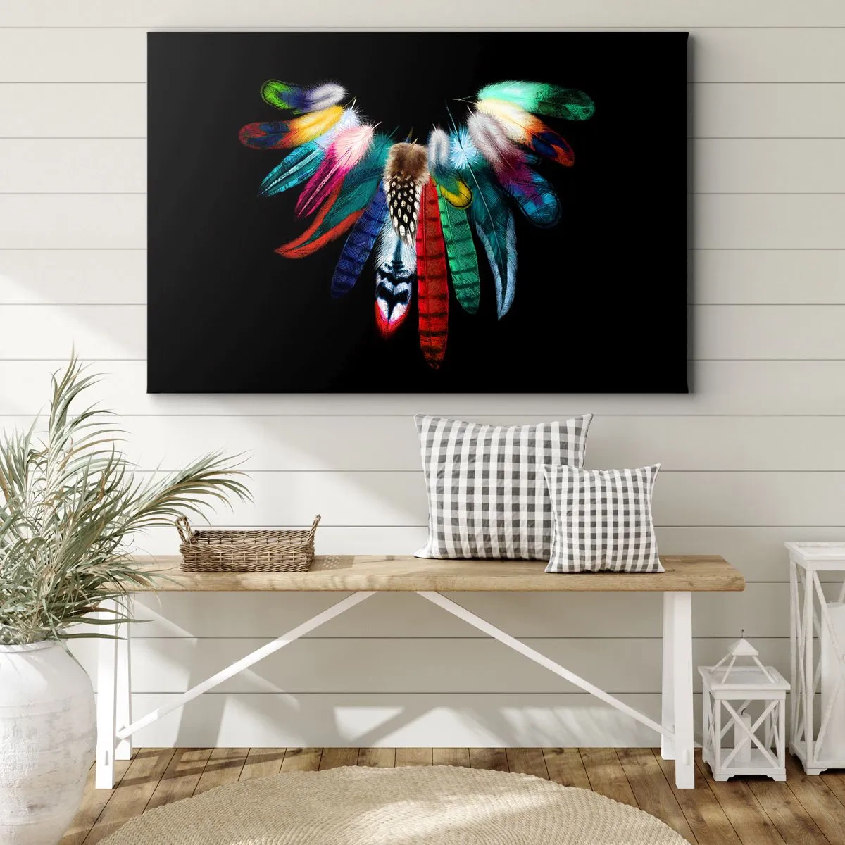 Impression sur toile - Image sur toile - Plumes colorées sur fond noir dans une composition artistique - 100x70cm - Collier indien - Décoration murale moderne pour le salon et la chambre ARTTOR