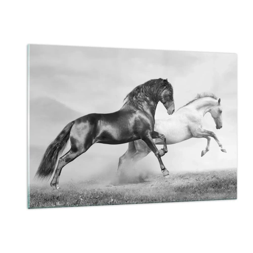 Impression sur verre - Image sur verre - Chevaux noirs et blancs dans un cadre dynamique - 120x80cm - Anges et démons - Décoration murale moderne pour le salon et la chambre ARTTOR