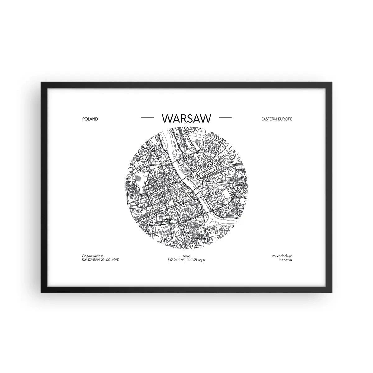 Affiche dans un cadre noir - Poster - Une carte de Varsovie dans un style minimaliste - 70x50cm - Anatomie de Varsovie - Décoration murale moderne pour le salon et la chambre ARTTOR