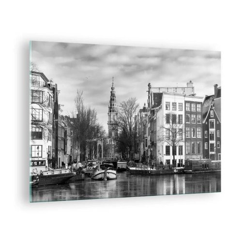 Impression sur verre - Image sur verre - Vue en noir et blanc d'un canal à Amsterdam - 70x50cm - Climat d'Amsterdam - Décoration murale moderne pour le salon et la chambre ARTTOR