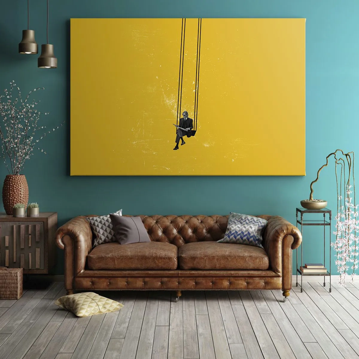 Impression sur toile - Image sur toile - Une personne sur une balançoire sur un fond jaune intense - 120x80cm - Un jour comme tous les jours - Décoration murale moderne pour le salon et la chambre ARTTOR