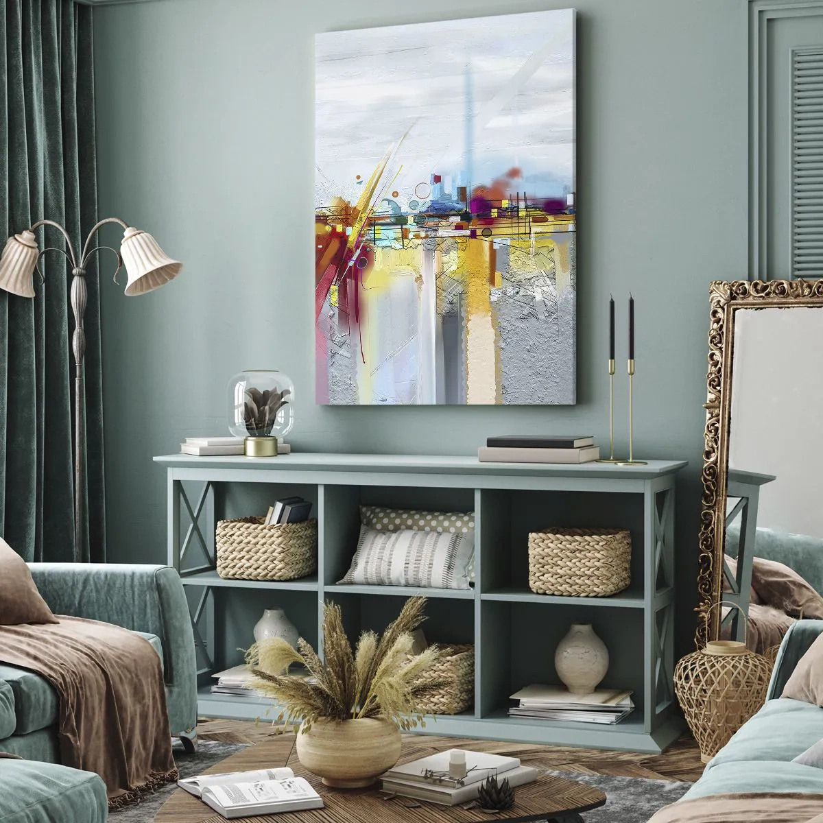 Impression sur toile - Image sur toile - Paysage abstrait aux accents colorés - 80x120cm - Pont de joie sur le fleuve de la vie - Décoration murale moderne pour le salon et la chambre ARTTOR