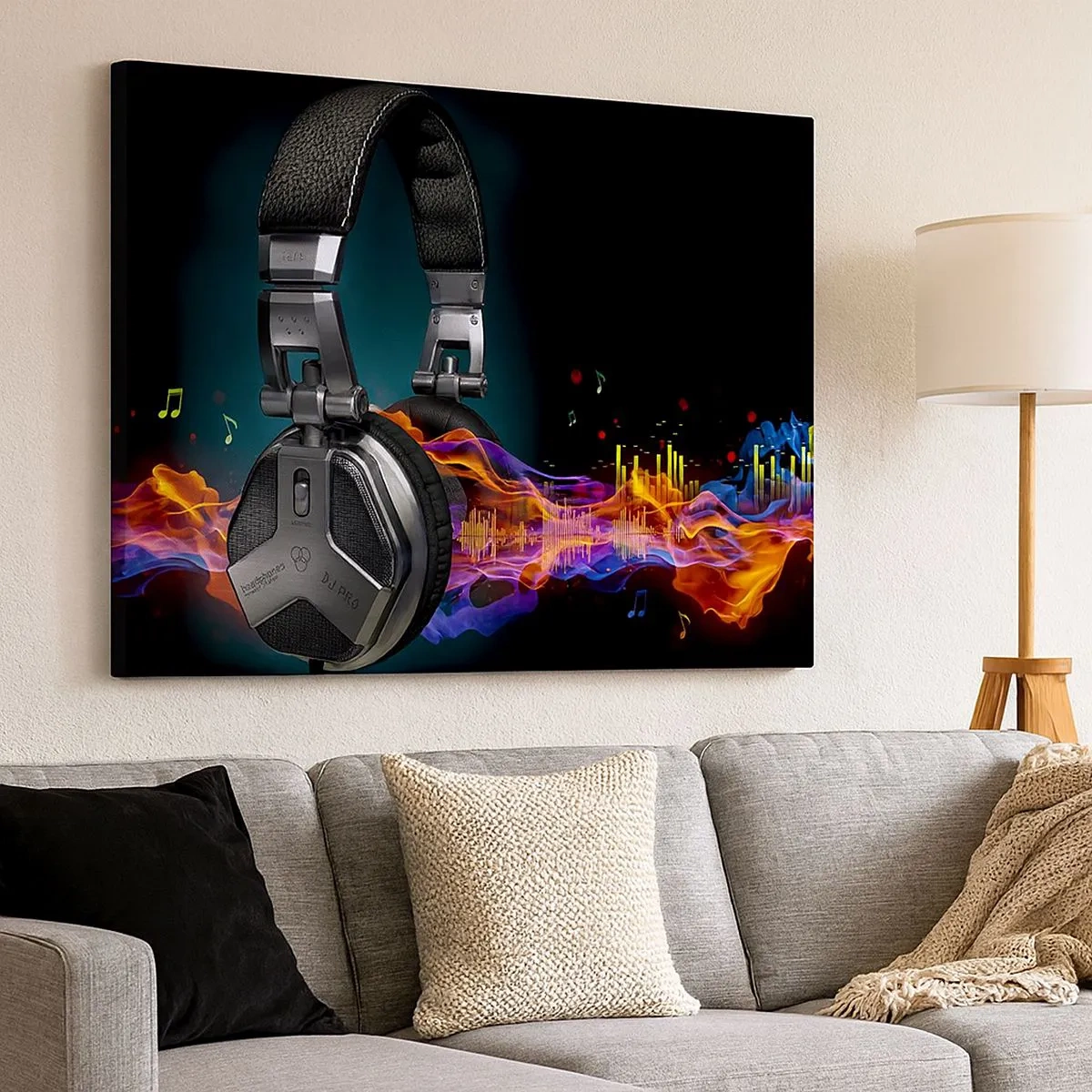 Impression sur toile - Image sur toile - Casque noir avec effet de visualisation musicale colorée - 70x50cm - Dans le feu de la musique - Décoration murale moderne pour le salon et la chambre ARTTOR