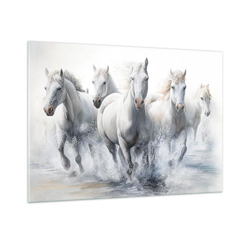 Impression sur verre - Image sur verre - Chevaux blancs galopant dans l'eau dans une composition dynamique - 100x70cm - Magie blanche - Décoration murale moderne pour le salon et la chambre ARTTOR