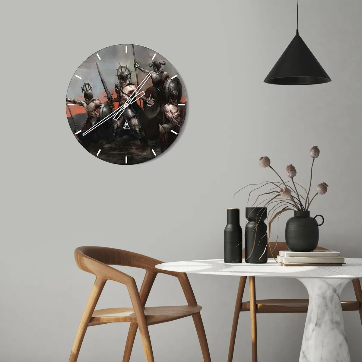 Horloge murale - Pendule murale - Un groupe de guerriers en armure avec des boucliers et des lances dans une scène dynamique - 30x30cm - Avec ou sur un bouclier - Décoration murale moderne pour le salon, la cuisine et la chambre ARTTOR