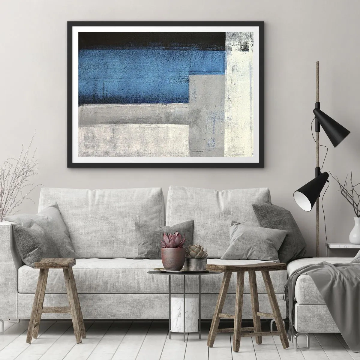 Affiche dans un cadre noir - Poster - Une composition abstraite avec des nuances de bleu, de gris et de blanc. - 70x50cm - Une composition poétique de gris et de bleu - Décoration murale moderne pour le salon et la chambre ARTTOR