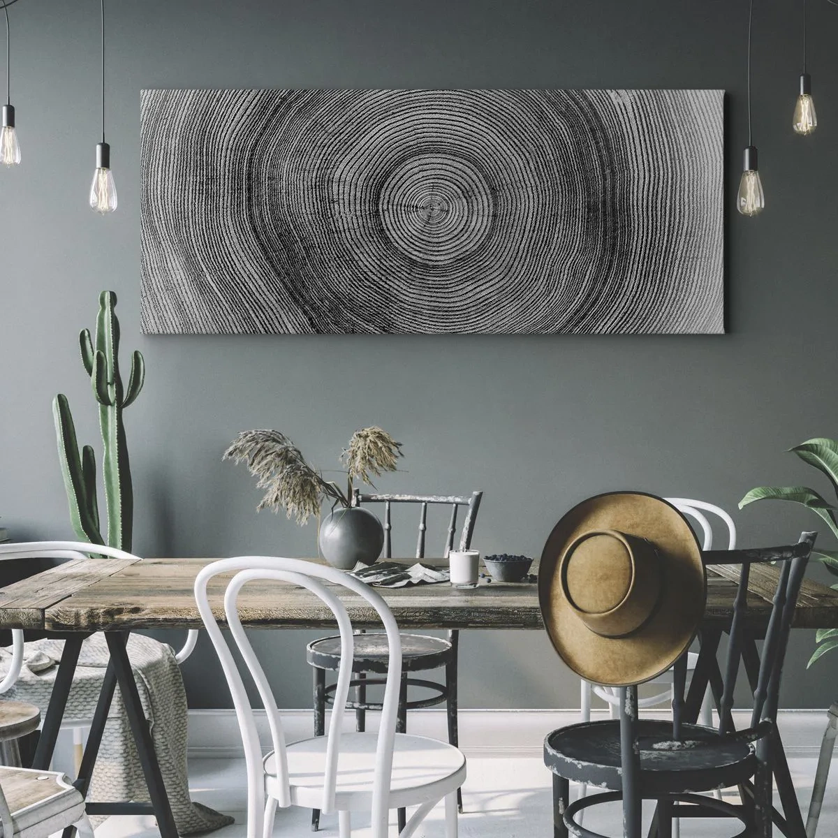 Impression sur toile - Image sur toile - Motif de cernes d'arbre noir et blanc montrant une coupe transversale du tronc - 120x50cm - Signe du temps - Décoration murale moderne pour le salon et la chambre ARTTOR