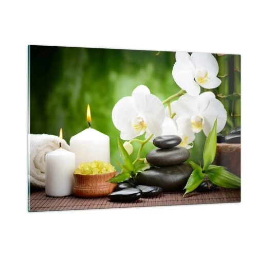 Impression sur verre - Image sur verre - Spa avec orchidées, pierres et bougies sur fond de verdure - 120x80cm - Doux, floral, toucher délicat - Décoration murale moderne pour le salon et la chambre ARTTOR