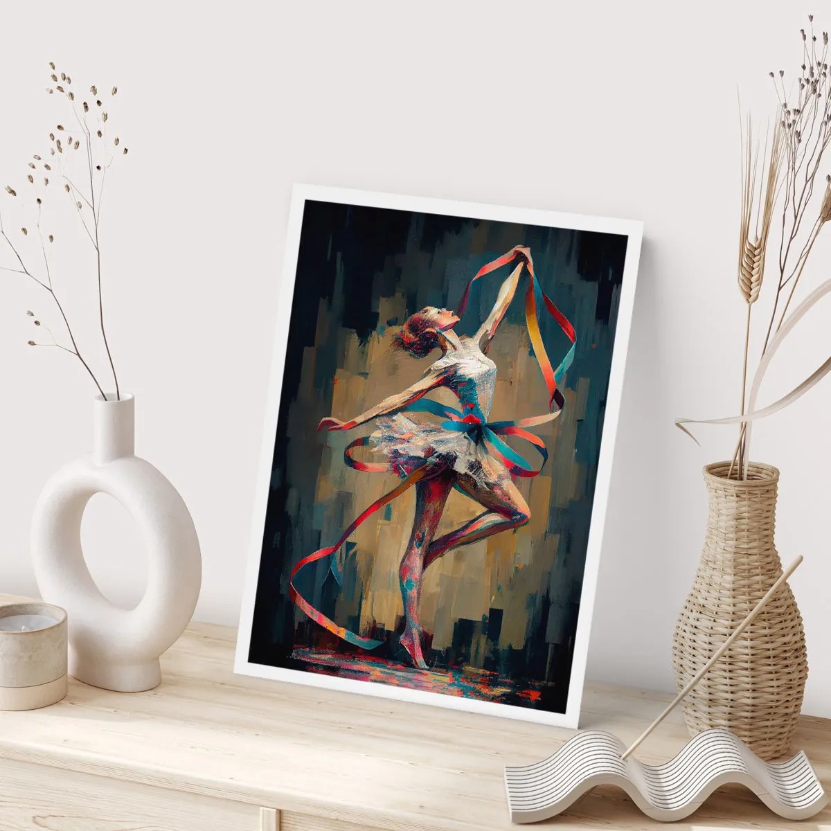 Affiche - Poster - Une danseuse dans une pose dynamique avec des rubans colorés. - 50x70cm - Danse du ruban - Décoration murale moderne pour le salon et la chambre ARTTOR