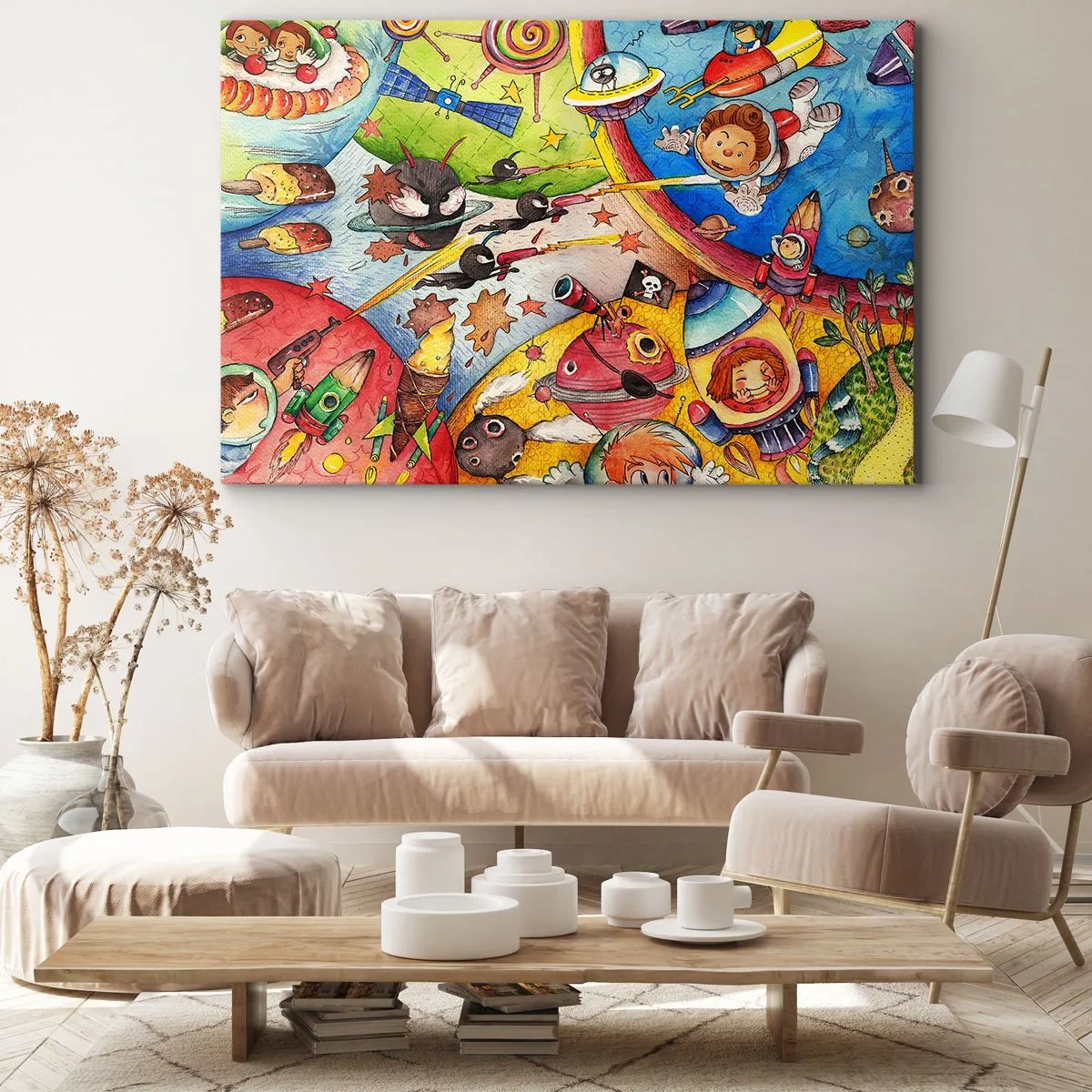 Impression sur toile - Image sur toile - Une scène spatiale colorée pleine d'enfants et de vaisseaux spatiaux - 70x50cm - Grande aventure spatiale - Décoration murale moderne pour le salon et la chambre ARTTOR