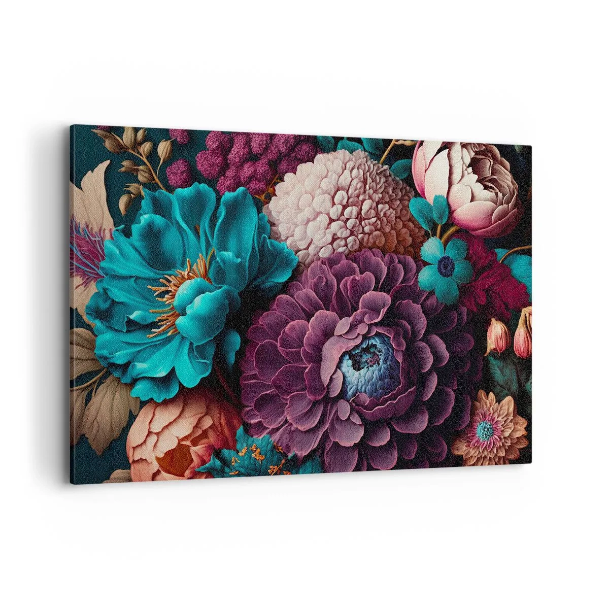 Impression sur toile - Image sur toile - Un bouquet de fleurs aux couleurs intenses sur fond sombre - 120x80cm - La nature en abondance - Décoration murale moderne pour le salon et la chambre ARTTOR