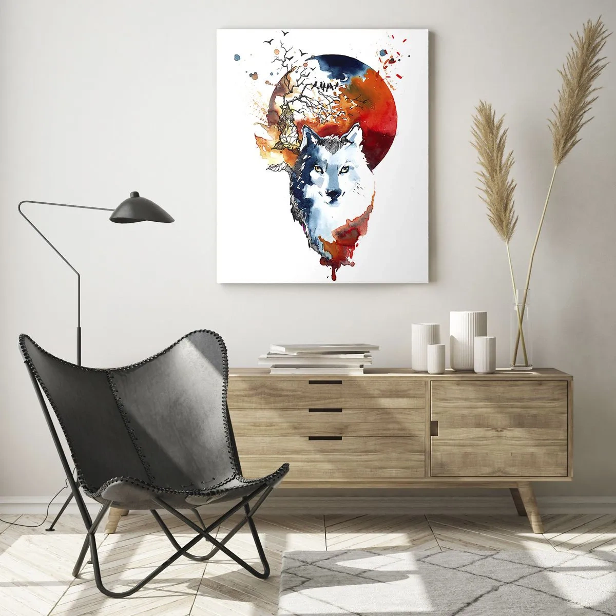 Impression sur verre - Image sur verre - Illustration d'un loup avec une pleine lune en arrière-plan - 50x70cm - Nez à nez avec la nuit - Décoration murale moderne pour le salon et la chambre ARTTOR