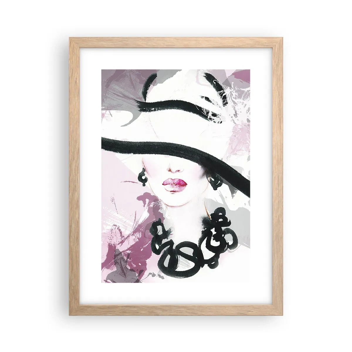 Affiche dans un chêne clair - Poster - Portrait d'une dame en noir et rose - 30x40 cm