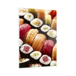 Impression sur verre - Image sur verre - Une composition de sushi colorée avec une variété d'ingrédients - 50x70cm - Couleurs et saveurs d'Asie - Décoration murale moderne pour le salon et la chambre ARTTOR